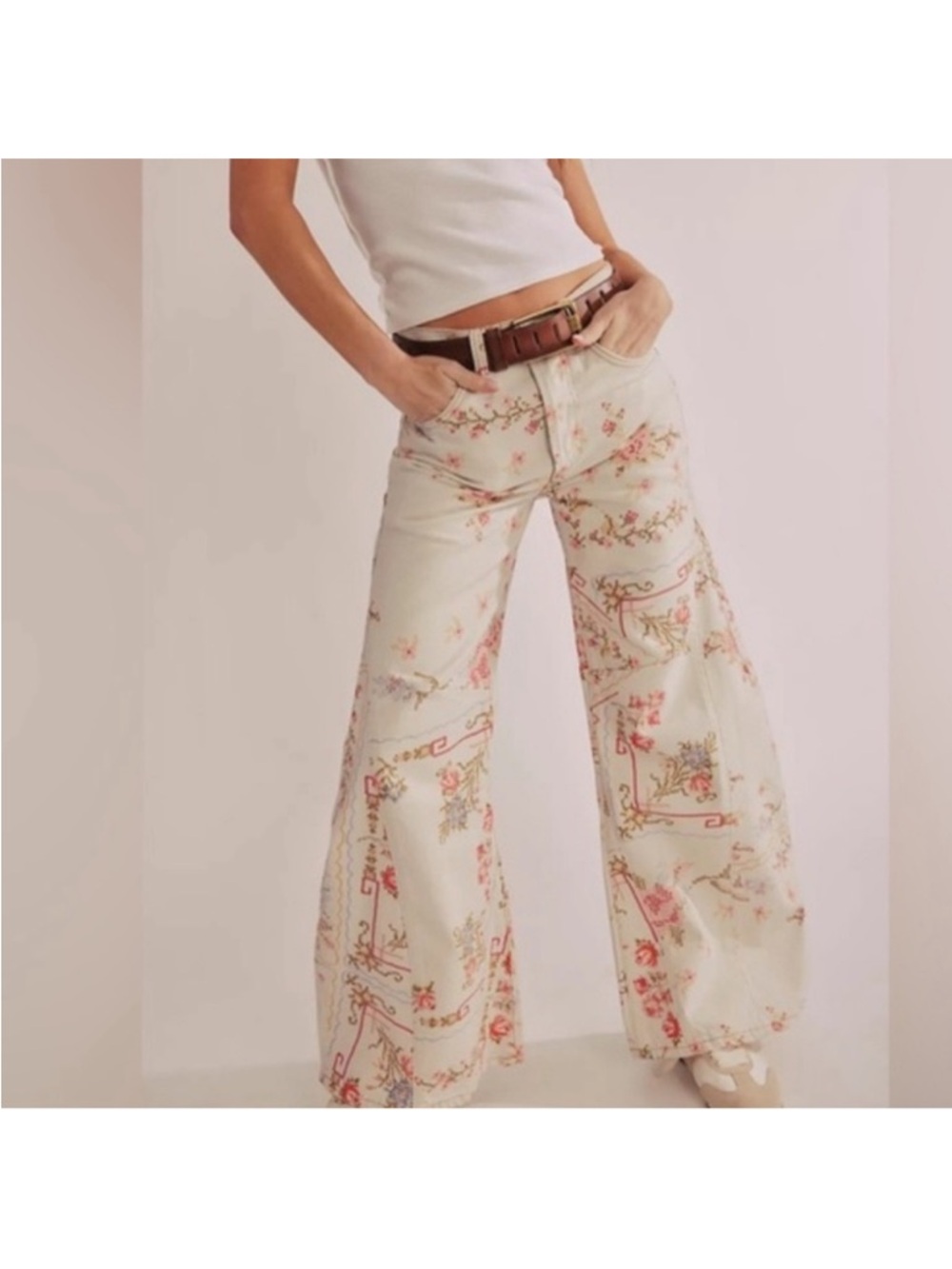 We The Free Floral Eden slouchy Wide Leg Jeans in Cream and Pink